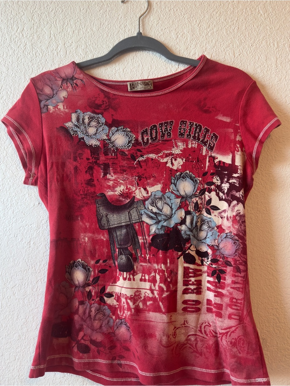 Vintage Blue Canoe Cowgirls Western Graphic Tee Rhinestone Rodeo Shirt  LRG